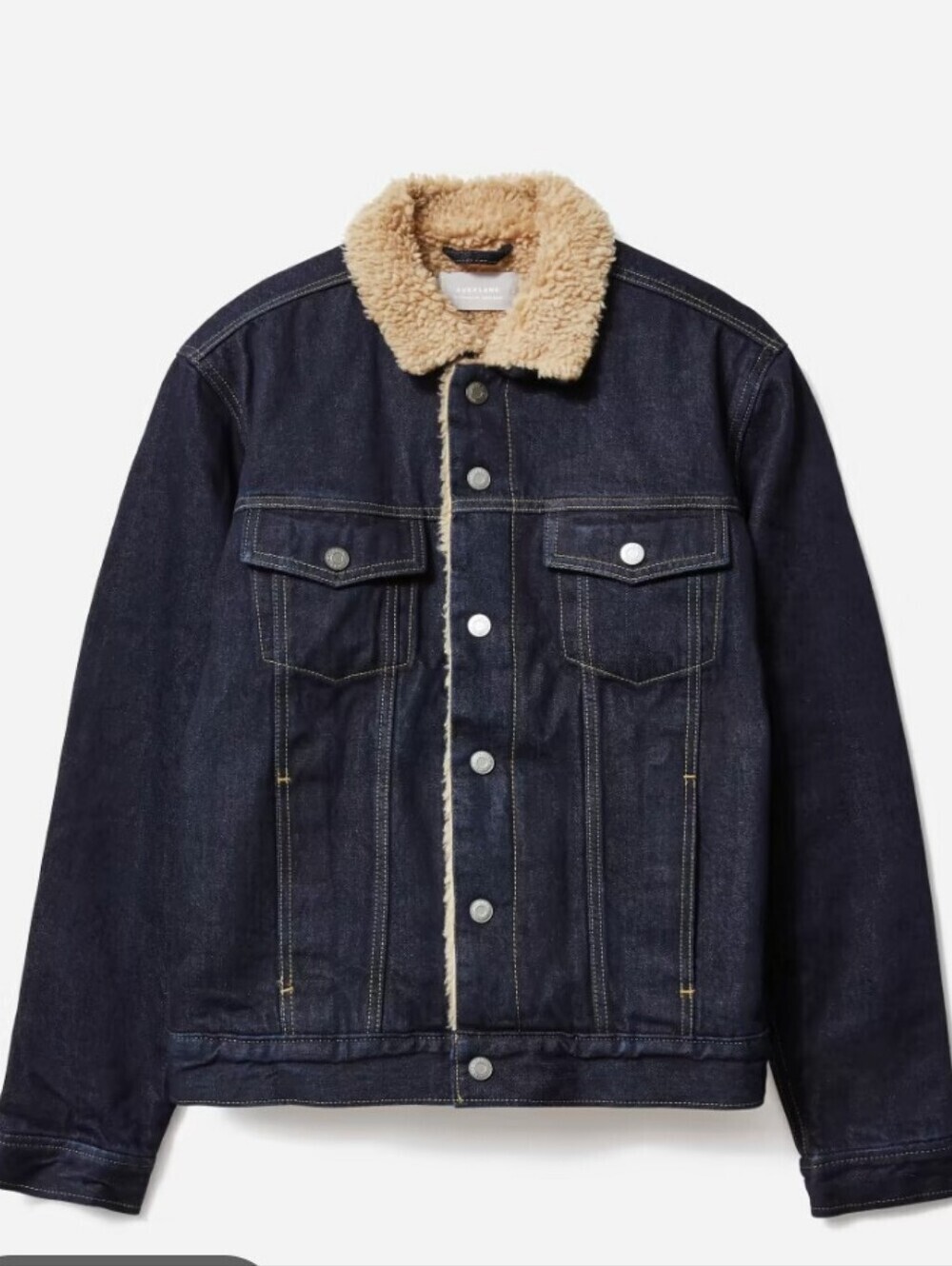 Everlane Men's Dark Blue Denim Jacket with Cream Sherpa Collar